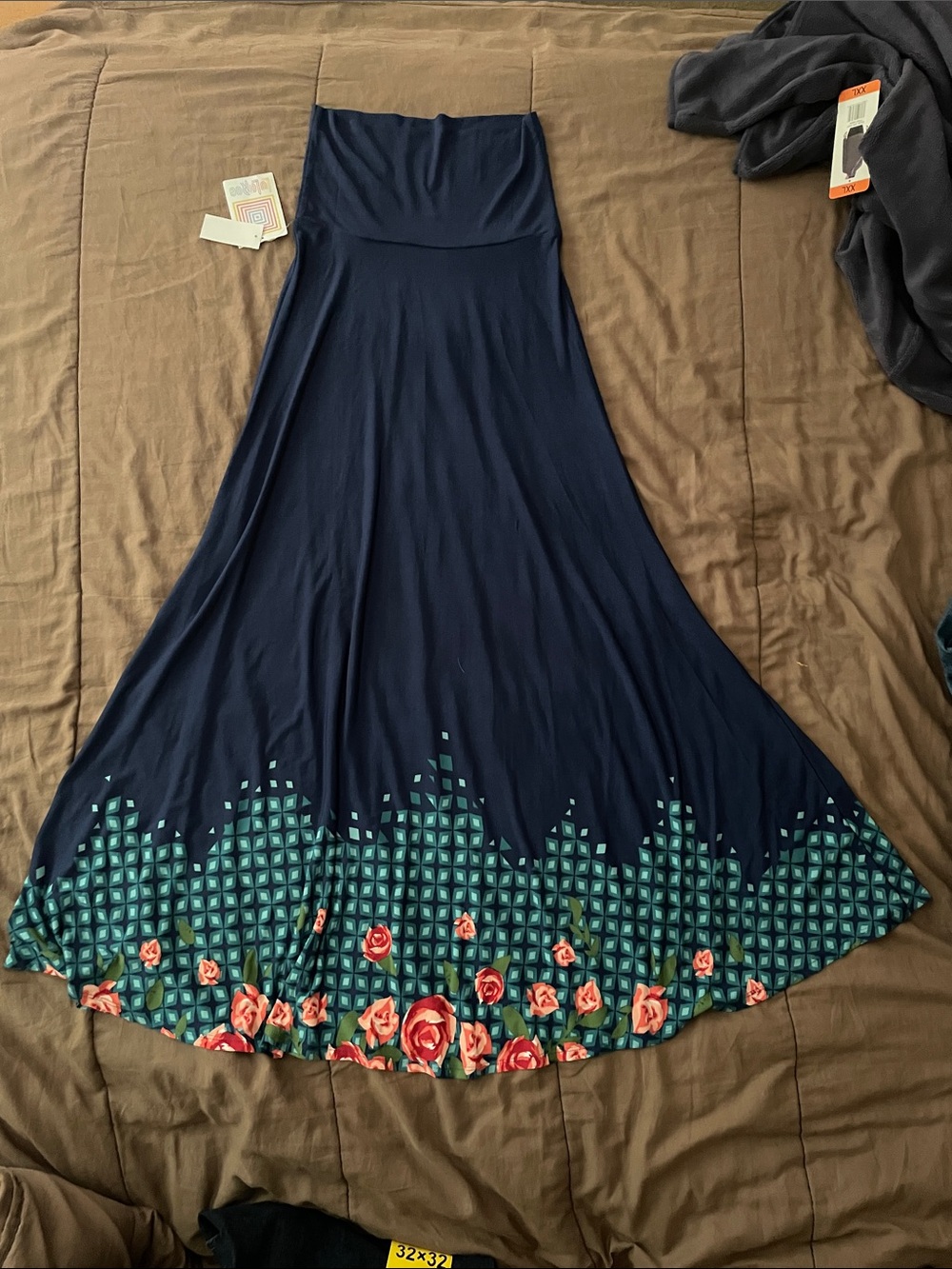 LuLaRoe Navy Maxi Skirt with Teal Geometric & Rose Border